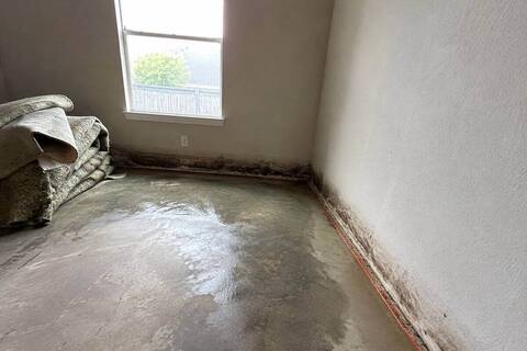 Carpet and padding removed to expose a damp concrete slab